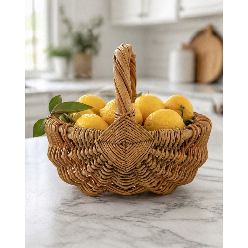 Handwoven Wicker Buttocks Egg Basket Natural Reed God's Eye Handle Farmhouse 10"